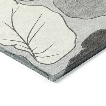 8' Silver Gray And Beige Round Botanical Leaves Washable Indoor Outdoor Area Rug