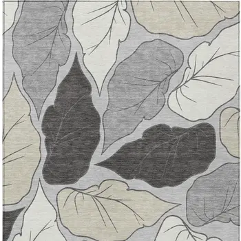 8' X 10' Silver Gray And Beige Botanical Leaves Washable Indoor Outdoor Area Rug