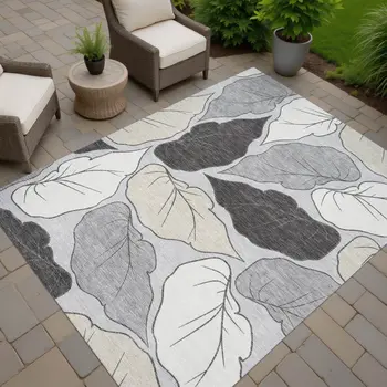 8' X 10' Silver Gray And Beige Botanical Leaves Washable Indoor Outdoor Area Rug