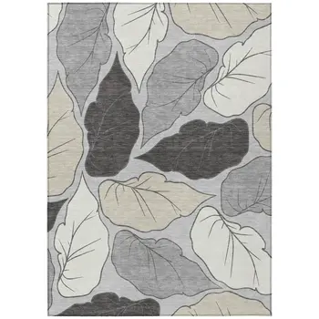 8' X 10' Silver Gray And Beige Botanical Leaves Washable Indoor Outdoor Area Rug