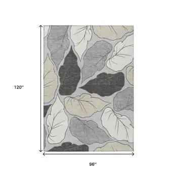 8' X 10' Silver Gray And Beige Botanical Leaves Washable Indoor Outdoor Area Rug