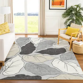 8' X 10' Silver Gray And Beige Botanical Leaves Washable Indoor Outdoor Area Rug