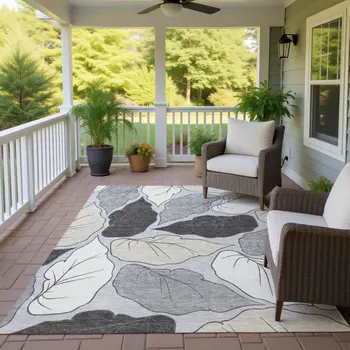 8' X 10' Silver Gray And Beige Botanical Leaves Washable Indoor Outdoor Area Rug