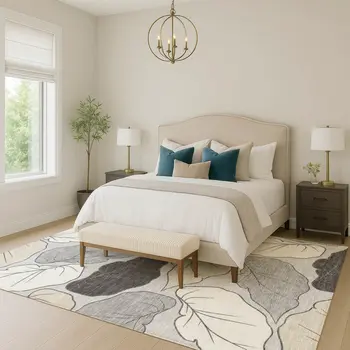 9' X 12' Silver Gray And Beige Botanical Leaves Washable Indoor Outdoor Area Rug
