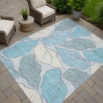 3' X 5' Teal Blue And Ivory Botanical Leaves Washable Indoor Outdoor Area Rug