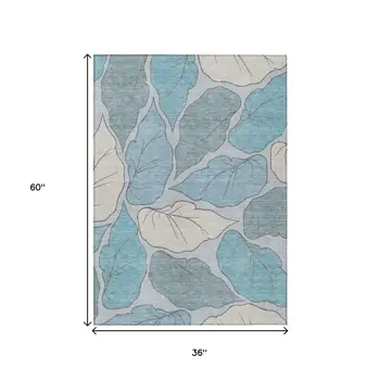 3' X 5' Teal Blue And Ivory Botanical Leaves Washable Indoor Outdoor Area Rug