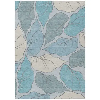 5' X 8' Teal Blue And Ivory Botanical Leaves Washable Indoor Outdoor Area Rug