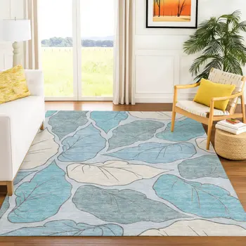 5' X 8' Teal Blue And Ivory Botanical Leaves Washable Indoor Outdoor Area Rug