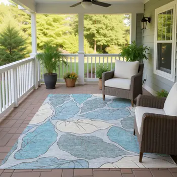 5' X 8' Teal Blue And Ivory Botanical Leaves Washable Indoor Outdoor Area Rug