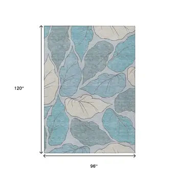 8' X 10' Teal Blue And Ivory Botanical Leaves Washable Indoor Outdoor Area Rug