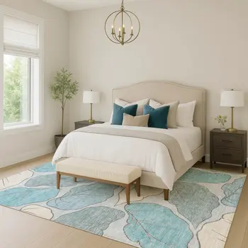 8' X 10' Teal Blue And Ivory Botanical Leaves Washable Indoor Outdoor Area Rug