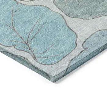 9' X 12' Teal Blue And Ivory Botanical Leaves Washable Indoor Outdoor Area Rug