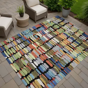 5' X 8' Black Green And Blue Abstract Washable Indoor Outdoor Area Rug