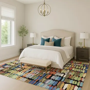 5' X 8' Black Green And Blue Abstract Washable Indoor Outdoor Area Rug