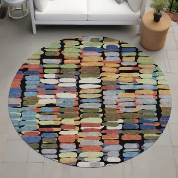 8' Black Green And Blue Round Abstract Washable Indoor Outdoor Area Rug