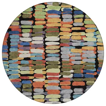 8' Black Green And Blue Round Abstract Washable Indoor Outdoor Area Rug