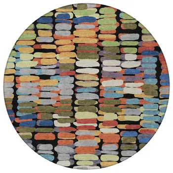 8' Black Green And Blue Round Abstract Washable Indoor Outdoor Area Rug