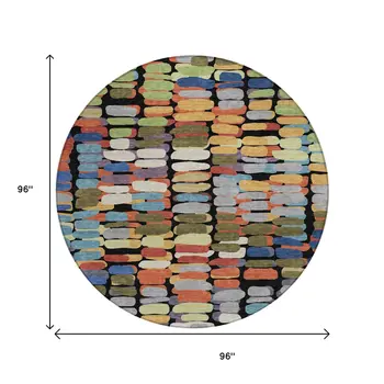 8' Black Green And Blue Round Abstract Washable Indoor Outdoor Area Rug