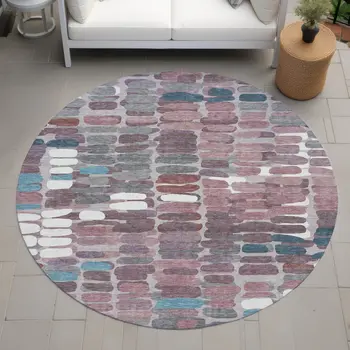 8' Blush Pink And Merlot Round Abstract Washable Indoor Outdoor Area Rug