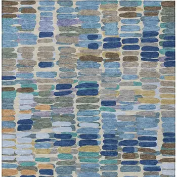 3' X 5' Denim Blue Wheat And Beige Abstract Washable Indoor Outdoor Area Rug