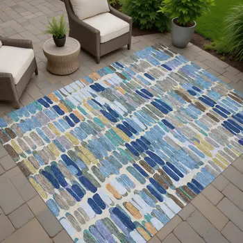 5' X 8' Denim Blue Wheat And Beige Abstract Washable Indoor Outdoor Area Rug