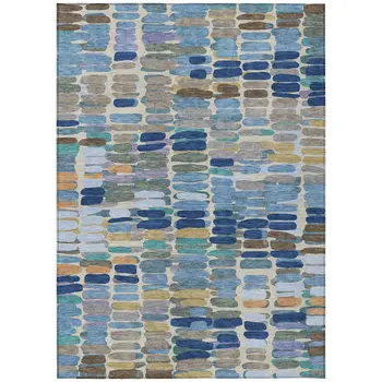 5' X 8' Denim Blue Wheat And Beige Abstract Washable Indoor Outdoor Area Rug
