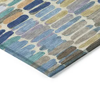5' X 8' Denim Blue Wheat And Beige Abstract Washable Indoor Outdoor Area Rug