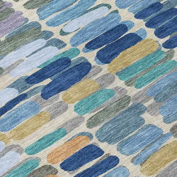 5' X 8' Denim Blue Wheat And Beige Abstract Washable Indoor Outdoor Area Rug