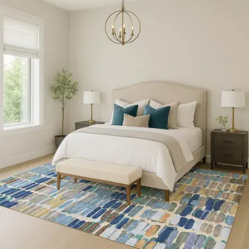 5' X 8' Denim Blue Wheat And Beige Abstract Washable Indoor Outdoor Area Rug