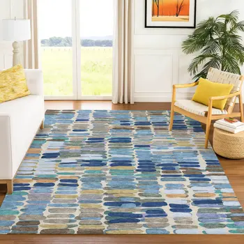 5' X 8' Denim Blue Wheat And Beige Abstract Washable Indoor Outdoor Area Rug