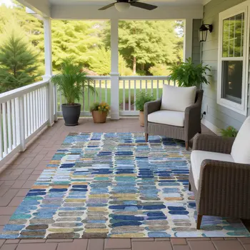 5' X 8' Denim Blue Wheat And Beige Abstract Washable Indoor Outdoor Area Rug
