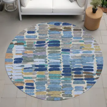 8' Denim Blue Wheat And Beige Round Abstract Washable Indoor Outdoor Area Rug