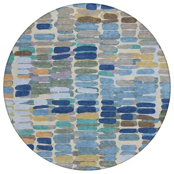 8' Denim Blue Wheat And Beige Round Abstract Washable Indoor Outdoor Area Rug