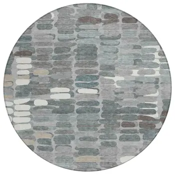 8' Gray Ivory And Pewter Round Abstract Washable Indoor Outdoor Area Rug