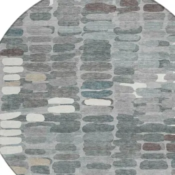 8' Gray Ivory And Pewter Round Abstract Washable Indoor Outdoor Area Rug
