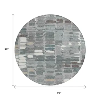 8' Gray Ivory And Pewter Round Abstract Washable Indoor Outdoor Area Rug