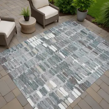 9' X 12' Gray Ivory And Pewter Abstract Washable Indoor Outdoor Area Rug