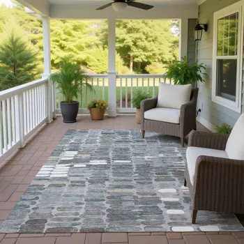 9' X 12' Gray Ivory And Pewter Abstract Washable Indoor Outdoor Area Rug