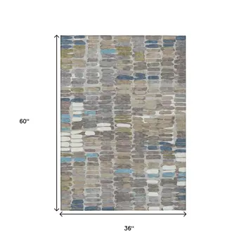 3' X 5' Taupe Ivory And Blue Abstract Washable Indoor Outdoor Area Rug