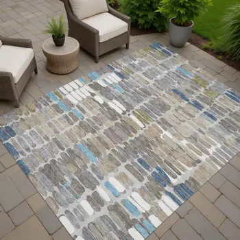 5' X 8' Taupe Ivory And Blue Abstract Washable Indoor Outdoor Area Rug