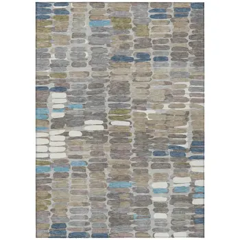 5' X 8' Taupe Ivory And Blue Abstract Washable Indoor Outdoor Area Rug