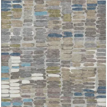 5' X 8' Taupe Ivory And Blue Abstract Washable Indoor Outdoor Area Rug