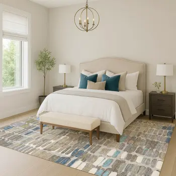 5' X 8' Taupe Ivory And Blue Abstract Washable Indoor Outdoor Area Rug