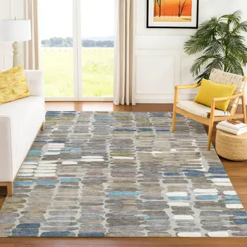 5' X 8' Taupe Ivory And Blue Abstract Washable Indoor Outdoor Area Rug