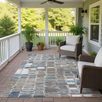 5' X 8' Taupe Ivory And Blue Abstract Washable Indoor Outdoor Area Rug