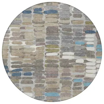 8' Taupe Ivory And Blue Round Abstract Washable Indoor Outdoor Area Rug