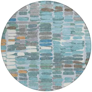 8' Teal Blue Copper And Ivory Round Abstract Washable Indoor Outdoor Area Rug