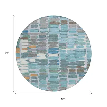 8' Teal Blue Copper And Ivory Round Abstract Washable Indoor Outdoor Area Rug