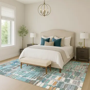 8' X 10' Teal Blue Copper And Ivory Abstract Washable Indoor Outdoor Area Rug