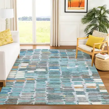 10' X 14' Teal Blue Copper And Ivory Abstract Washable Indoor Outdoor Area Rug